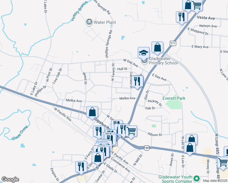 map of restaurants, bars, coffee shops, grocery stores, and more near 608 North Tenery Street in Gladewater