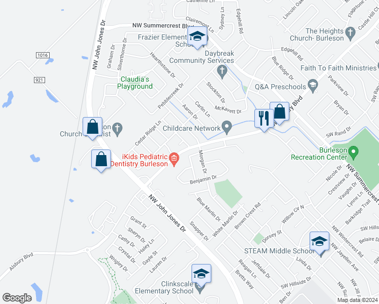 map of restaurants, bars, coffee shops, grocery stores, and more near 962 Joshua Drive in Burleson