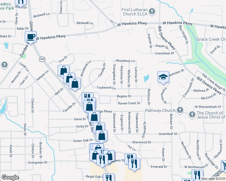 map of restaurants, bars, coffee shops, grocery stores, and more near 3001 Evangeline Street in Longview
