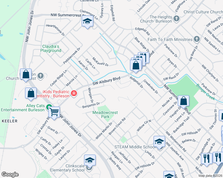 map of restaurants, bars, coffee shops, grocery stores, and more near 819 Joshua Drive in Burleson