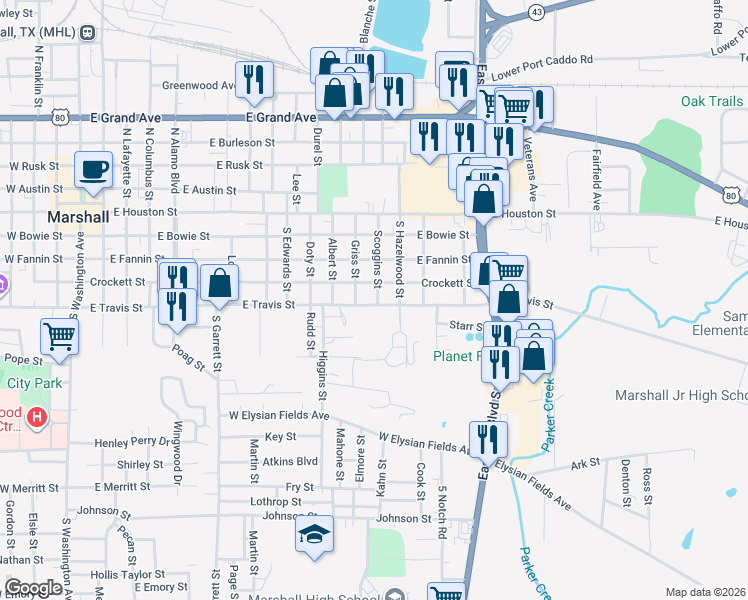 map of restaurants, bars, coffee shops, grocery stores, and more near 1401 East Crockett Street in Marshall