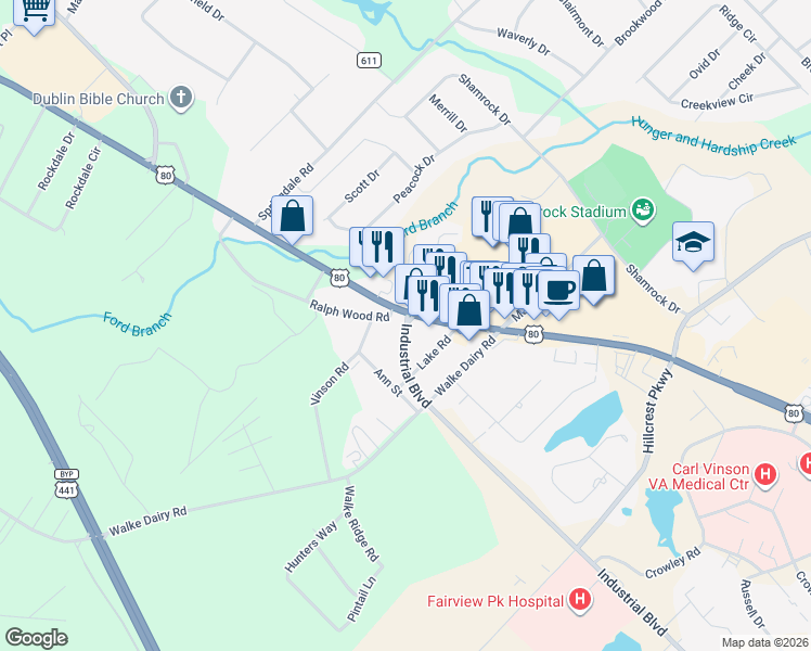 map of restaurants, bars, coffee shops, grocery stores, and more near 2113 Veterans Boulevard in Dublin