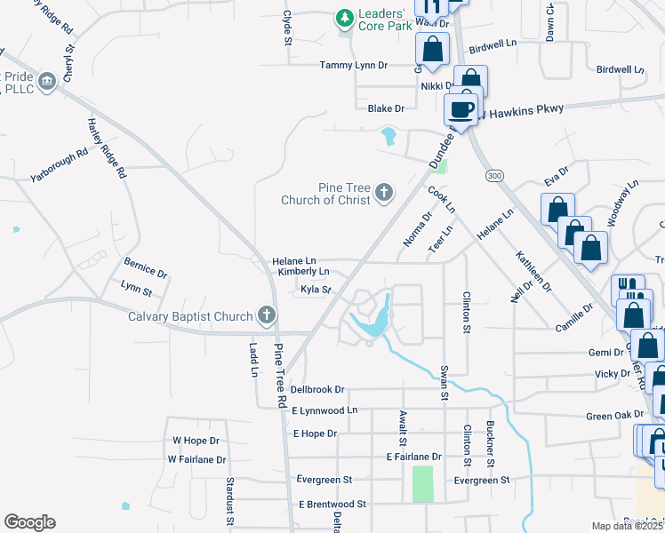 map of restaurants, bars, coffee shops, grocery stores, and more near 125 Helane Lane in Longview