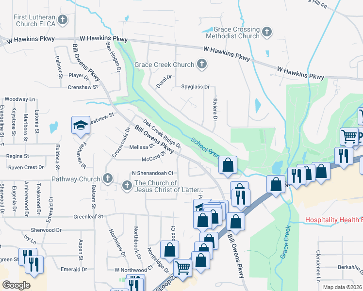 map of restaurants, bars, coffee shops, grocery stores, and more near 5 Oak Creek Ridge Drive in Longview