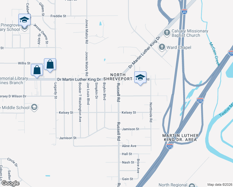 map of restaurants, bars, coffee shops, grocery stores, and more near 1937 Russell Road in Shreveport