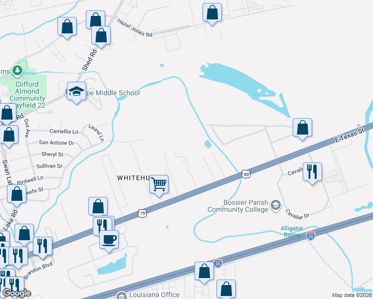 map of restaurants, bars, coffee shops, grocery stores, and more near 5705 East Texas Street in Bossier City