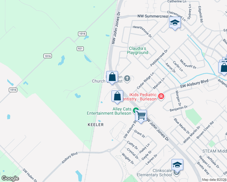 map of restaurants, bars, coffee shops, grocery stores, and more near 1155 Northwest John Jones Drive in Burleson