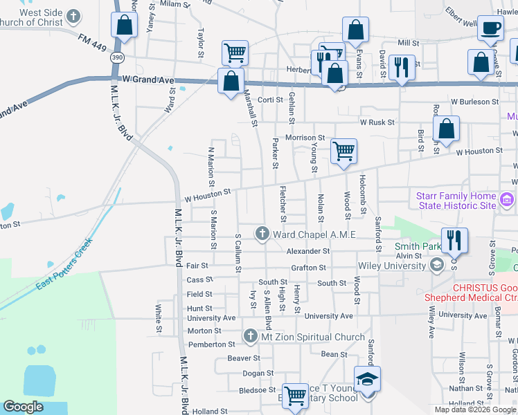 map of restaurants, bars, coffee shops, grocery stores, and more near 106 South Allen Boulevard in Marshall