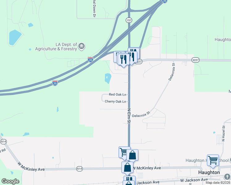 map of restaurants, bars, coffee shops, grocery stores, and more near 422 Red Oak Lane in Haughton
