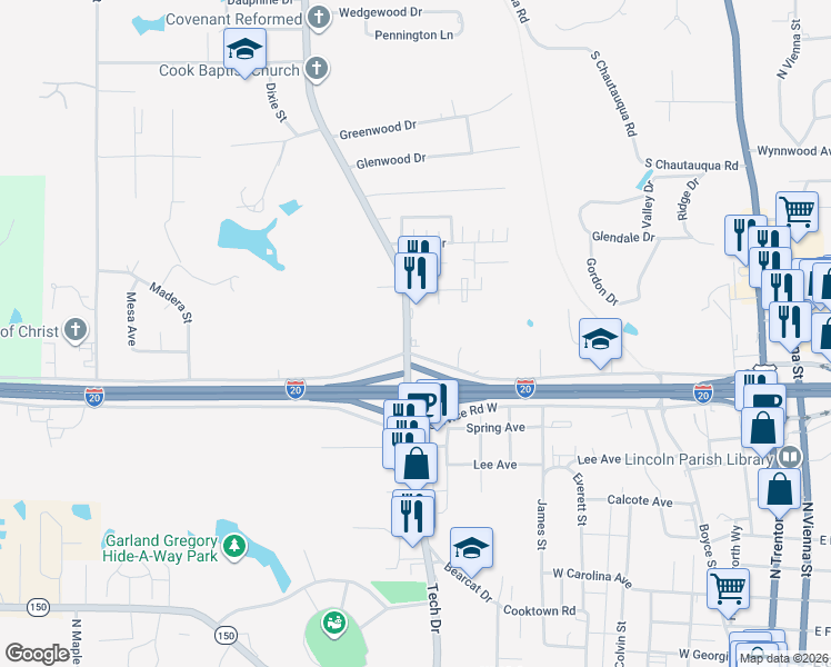 map of restaurants, bars, coffee shops, grocery stores, and more near 1318 Cooktown Road in Ruston