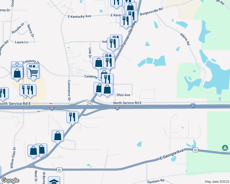 map of restaurants, bars, coffee shops, grocery stores, and more near 1813 Indiana Avenue in Ruston