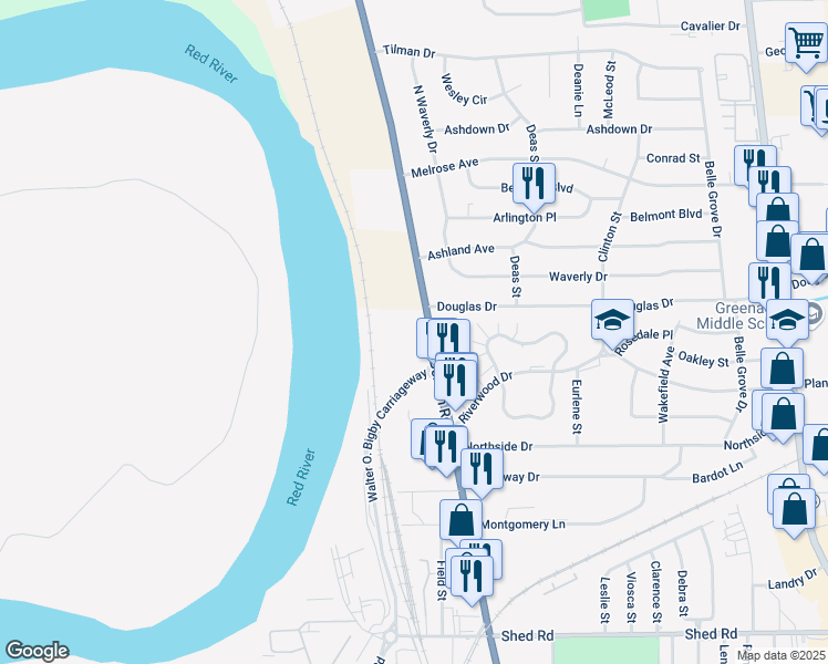 map of restaurants, bars, coffee shops, grocery stores, and more near 2100-2198 Douglas Drive in Bossier City