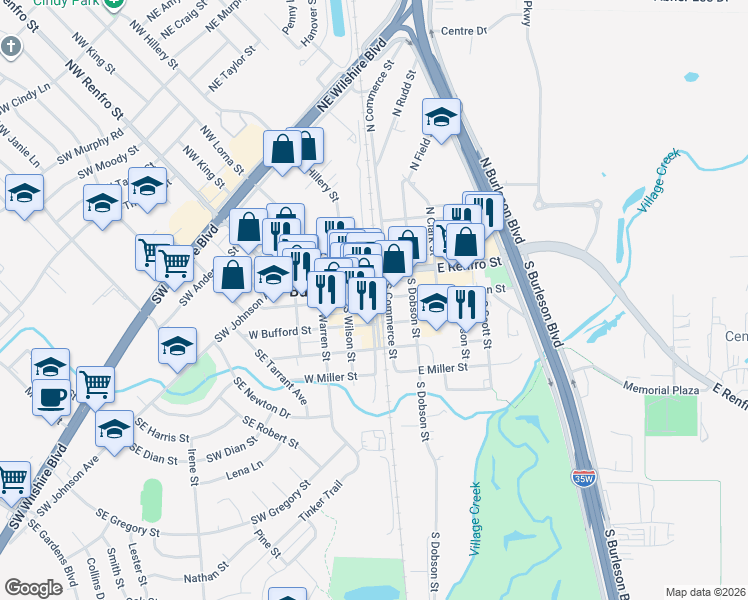 map of restaurants, bars, coffee shops, grocery stores, and more near in Burleson
