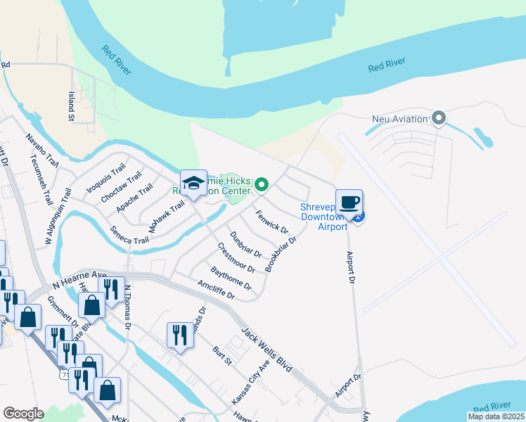map of restaurants, bars, coffee shops, grocery stores, and more near 1146 Fenwick Drive in Shreveport