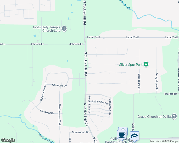 map of restaurants, bars, coffee shops, grocery stores, and more near 107 Meadow Glen Lane in Ovilla