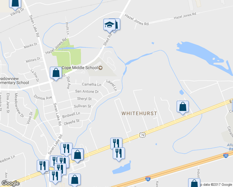 map of restaurants, bars, coffee shops, grocery stores, and more near 4938 Okeefe Street in Bossier City