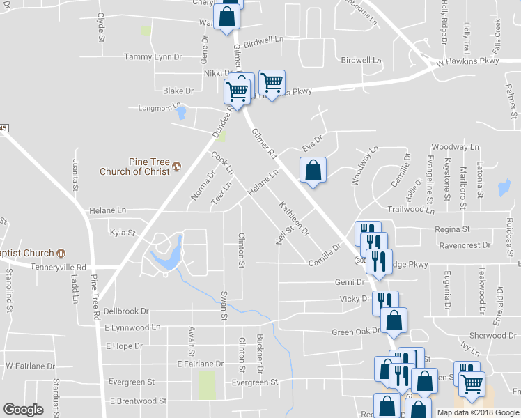 map of restaurants, bars, coffee shops, grocery stores, and more near 3113 Cook Lane in Longview