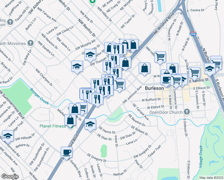 map of restaurants, bars, coffee shops, grocery stores, and more near 107 Southwest Anderson Street in Burleson