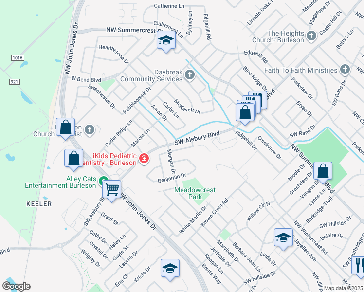 map of restaurants, bars, coffee shops, grocery stores, and more near 932 Joshua Drive in Burleson