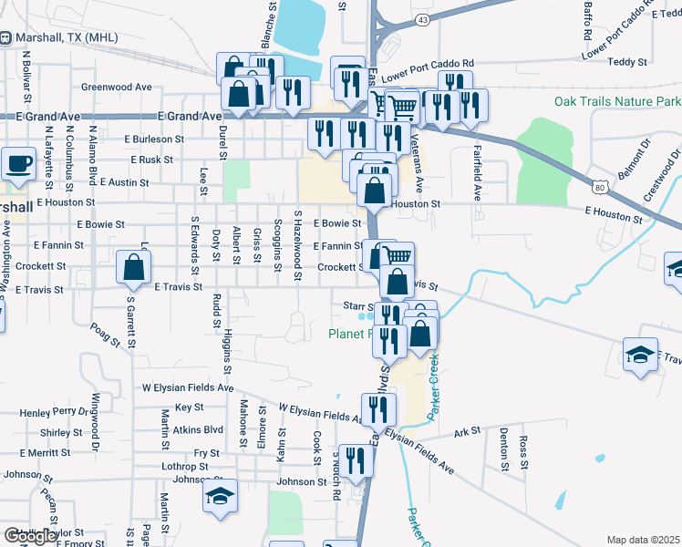 map of restaurants, bars, coffee shops, grocery stores, and more near 1608 East Crockett Street in Marshall