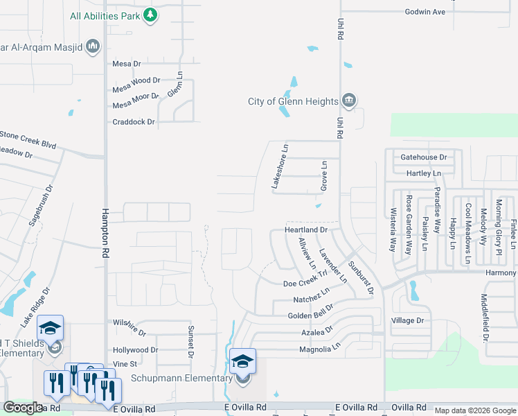 map of restaurants, bars, coffee shops, grocery stores, and more near 120 Water Crest Lane in Glenn Heights