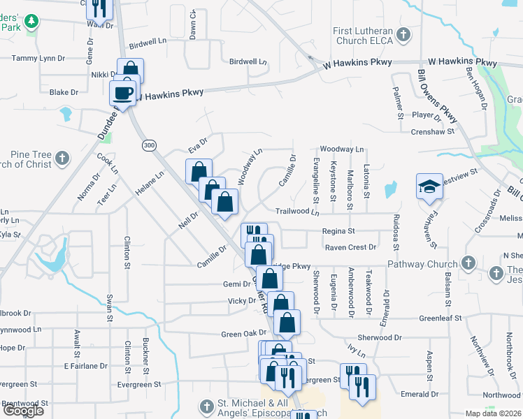 map of restaurants, bars, coffee shops, grocery stores, and more near 904 Camille Drive in Longview