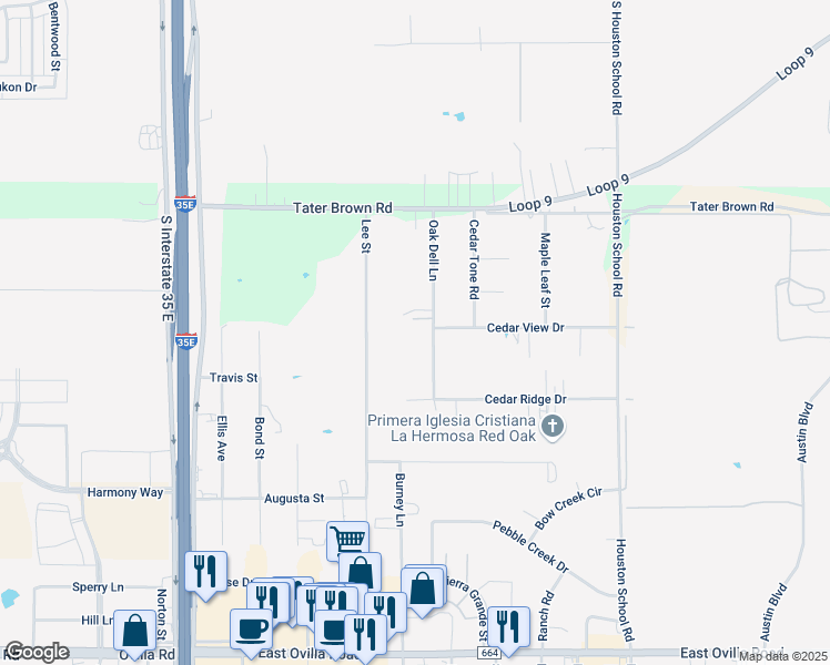 map of restaurants, bars, coffee shops, grocery stores, and more near 503 Oak Dell Lane in Red Oak
