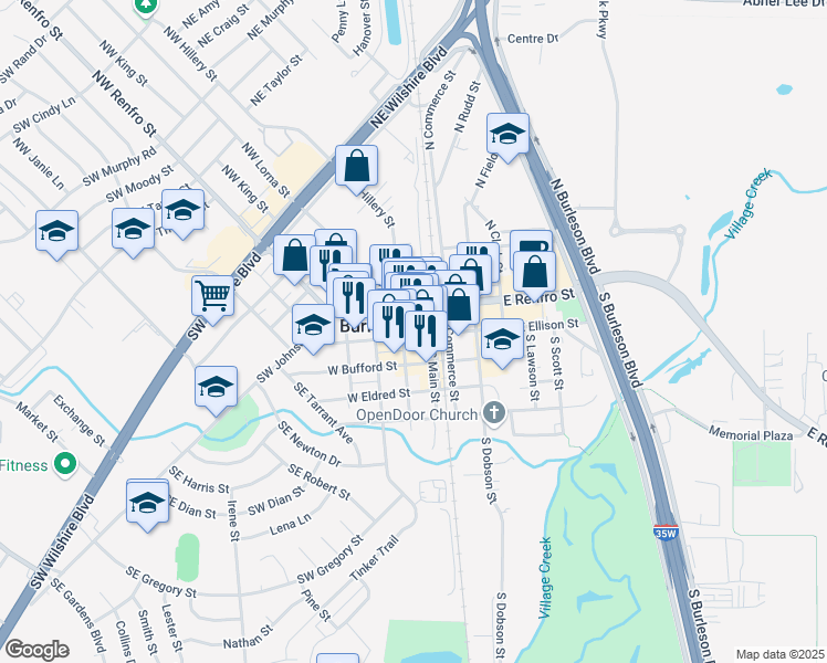 map of restaurants, bars, coffee shops, grocery stores, and more near 112 West Ellison Street in Burleson