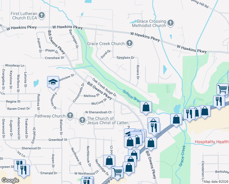 map of restaurants, bars, coffee shops, grocery stores, and more near 5 Oak Creek Ridge Dr in Longview