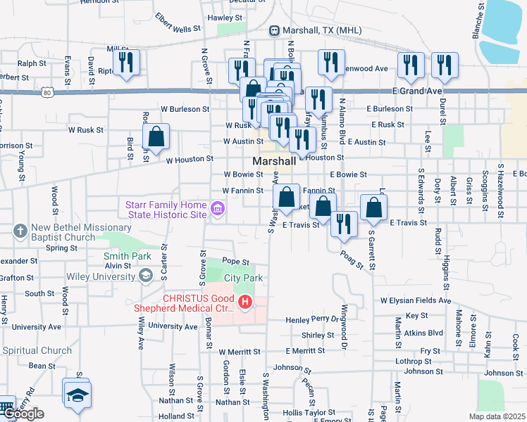 map of restaurants, bars, coffee shops, grocery stores, and more near 100-198 West Crockett Street in Marshall