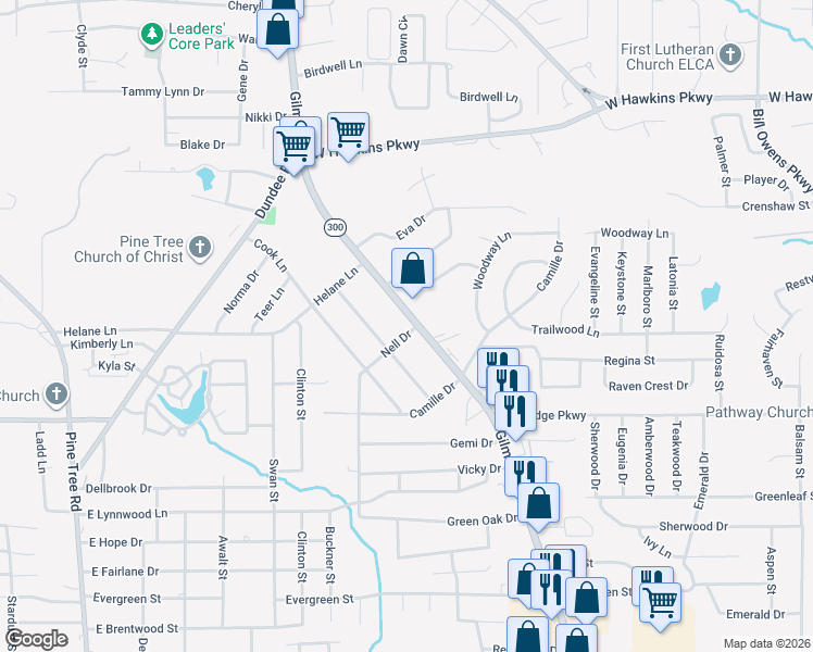 map of restaurants, bars, coffee shops, grocery stores, and more near 3105 Gilmer Road in Longview