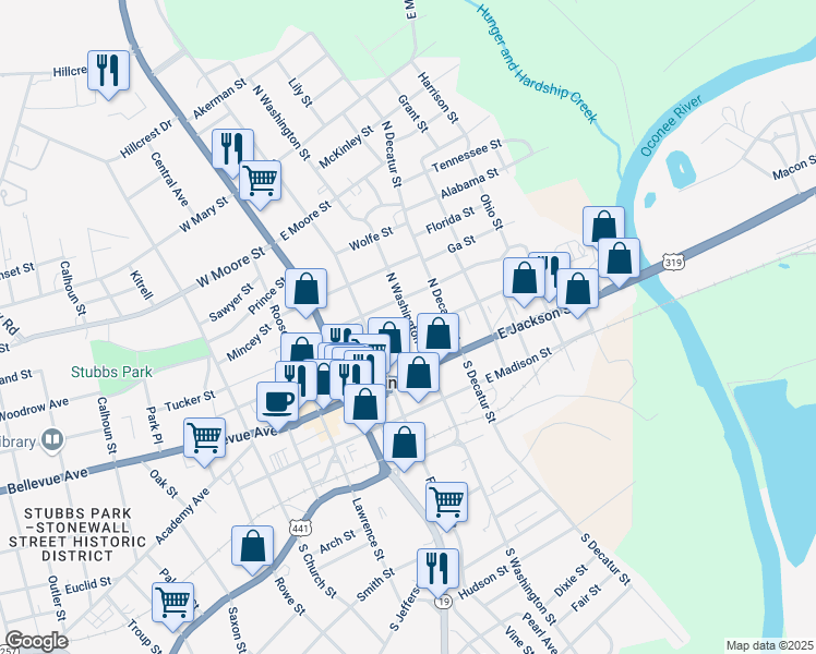 map of restaurants, bars, coffee shops, grocery stores, and more near 215 East Gaines Street in Dublin