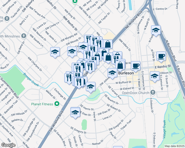 map of restaurants, bars, coffee shops, grocery stores, and more near 107 Southwest Anderson Street in Burleson