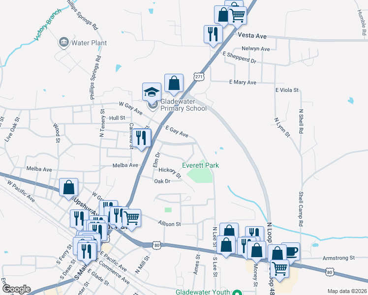 map of restaurants, bars, coffee shops, grocery stores, and more near 208 Lafayette Boulevard in Gladewater