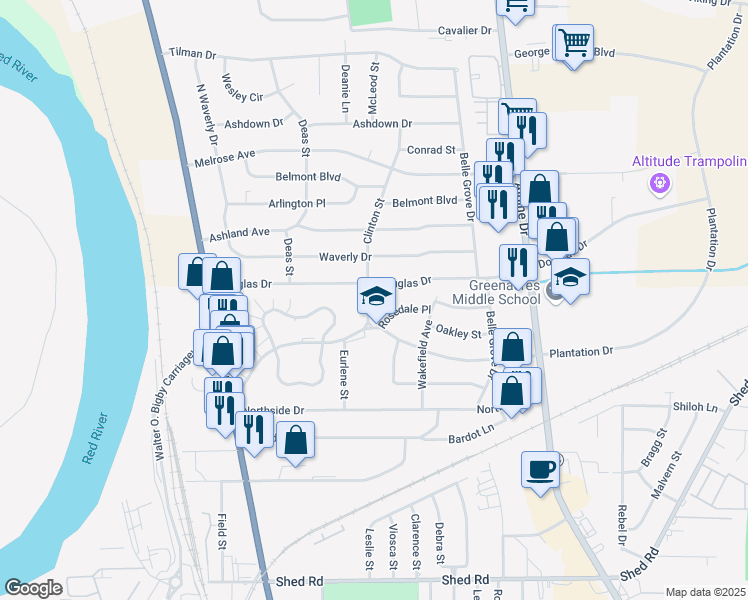 map of restaurants, bars, coffee shops, grocery stores, and more near 2208 Clinton Street in Bossier City