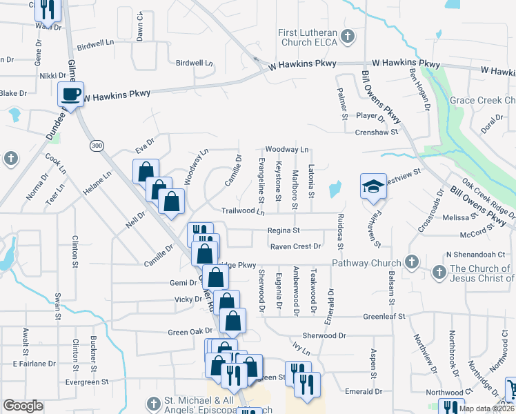map of restaurants, bars, coffee shops, grocery stores, and more near 3001 Evangeline Street in Longview