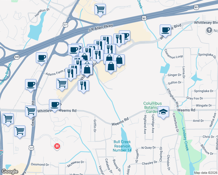 map of restaurants, bars, coffee shops, grocery stores, and more near 5462 Whittlesey Boulevard in Columbus