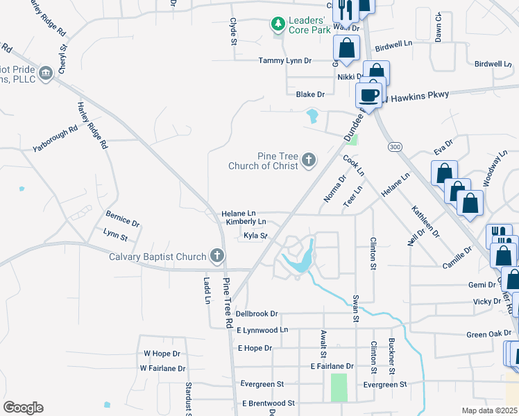 map of restaurants, bars, coffee shops, grocery stores, and more near 125 Helane Lane in Longview