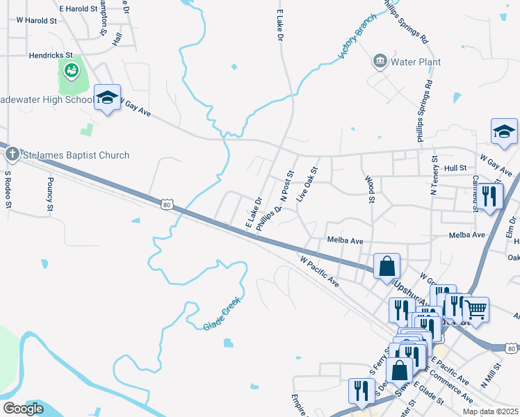 map of restaurants, bars, coffee shops, grocery stores, and more near 1404 Holbert Avenue in Gladewater