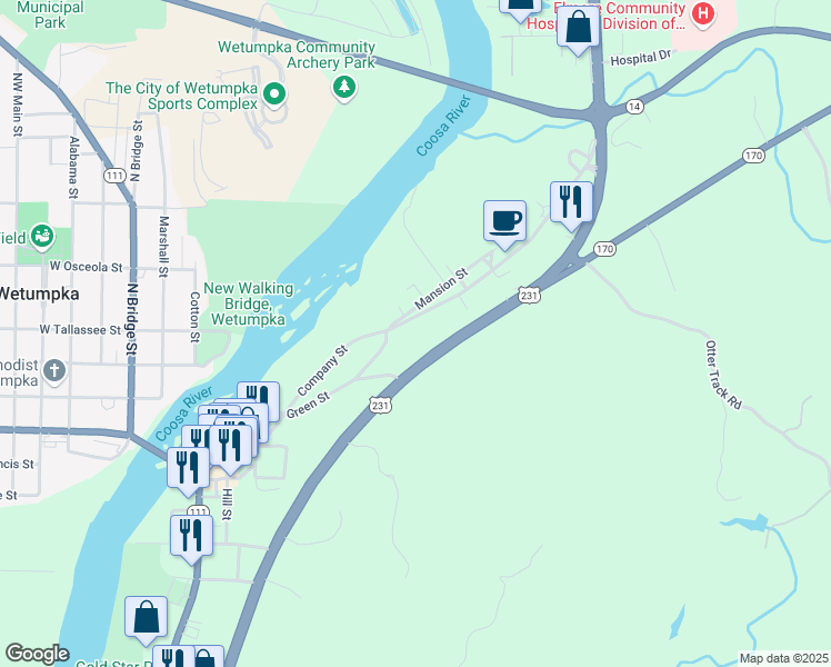 map of restaurants, bars, coffee shops, grocery stores, and more near 610 Company Street in Wetumpka