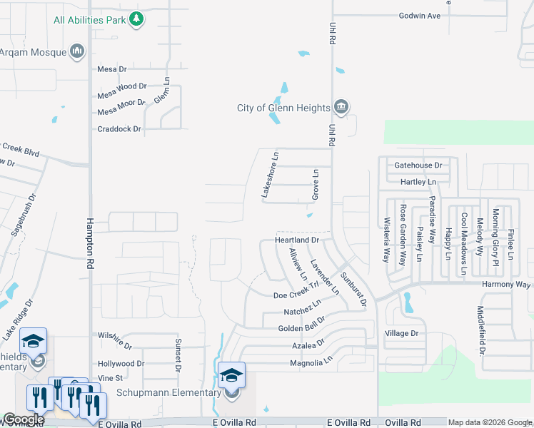 map of restaurants, bars, coffee shops, grocery stores, and more near 120 Lakeshore Lane in Glenn Heights
