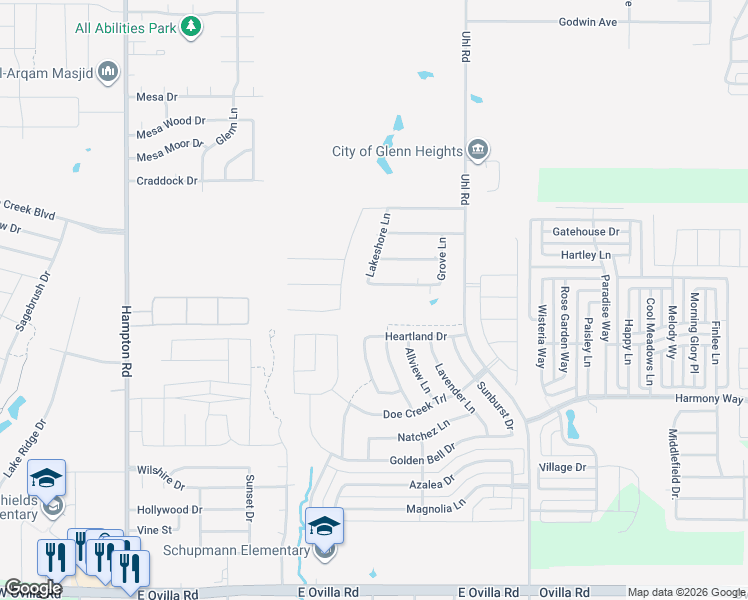 map of restaurants, bars, coffee shops, grocery stores, and more near 120 Lakeshore Lane in Glenn Heights