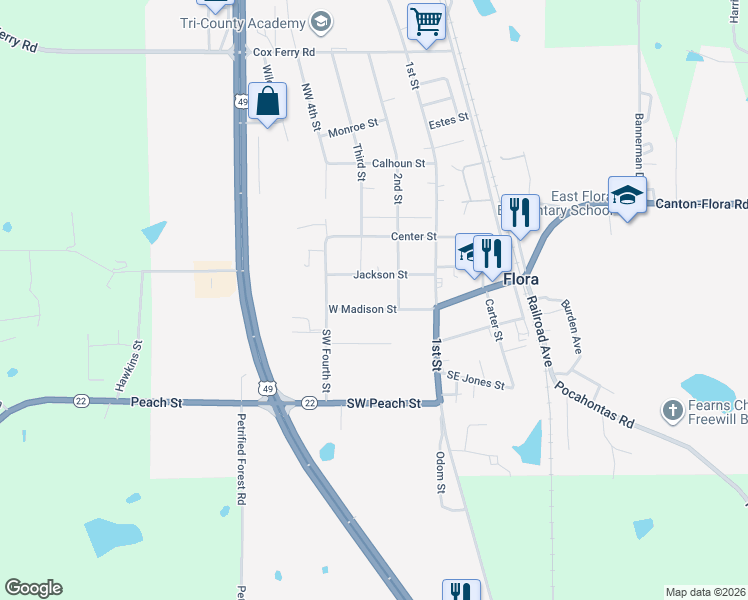 map of restaurants, bars, coffee shops, grocery stores, and more near 4896 Madison St in Flora