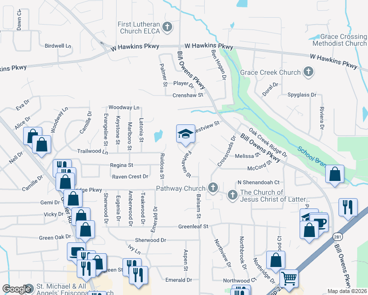 map of restaurants, bars, coffee shops, grocery stores, and more near 102 Kings Lane in Longview
