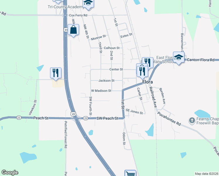 map of restaurants, bars, coffee shops, grocery stores, and more near 4896 Madison St in Flora