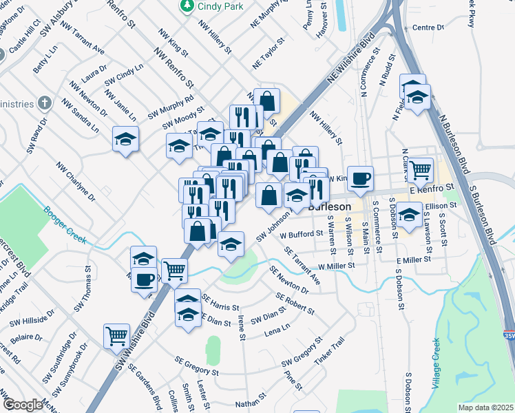map of restaurants, bars, coffee shops, grocery stores, and more near 133 Northwest Ellison Street in Burleson