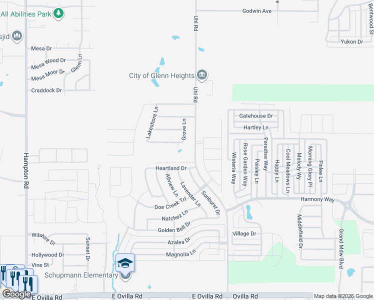 map of restaurants, bars, coffee shops, grocery stores, and more near 309 Grove Lane in Red Oak