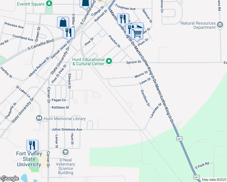 map of restaurants, bars, coffee shops, grocery stores, and more near 200 Spillers Street in Fort Valley