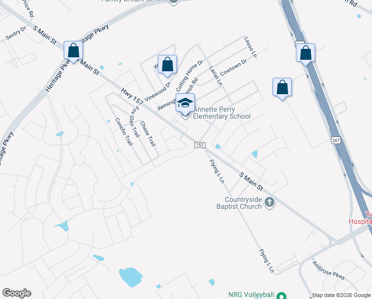 map of restaurants, bars, coffee shops, grocery stores, and more near 1370 Flying L Lane in Mansfield