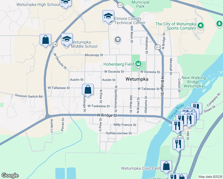 map of restaurants, bars, coffee shops, grocery stores, and more near 346-560 West Tallassee Street in Wetumpka